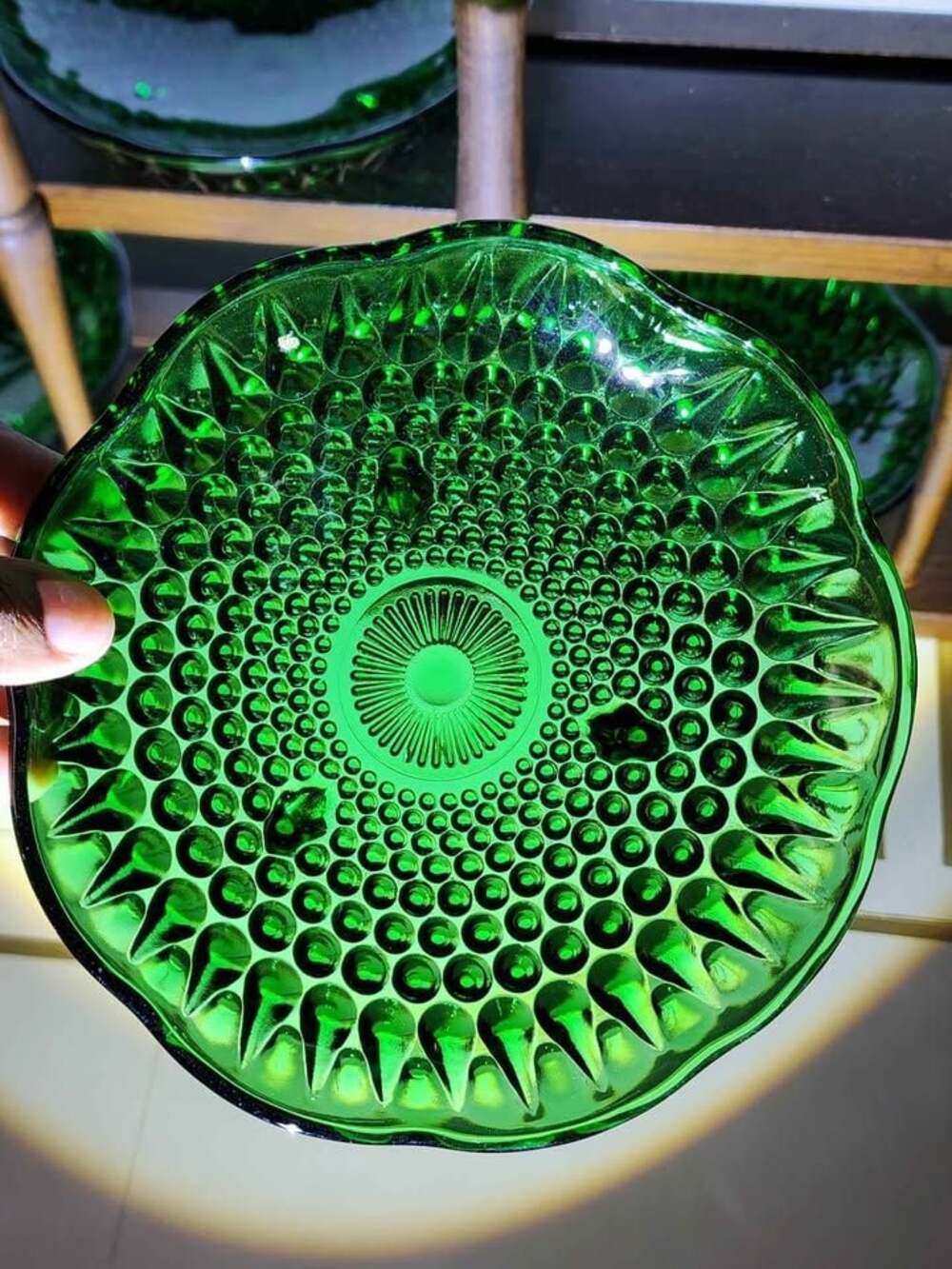 vintage Anchor Hocking emerald green glass tri-footed bowl with a hobnail patter